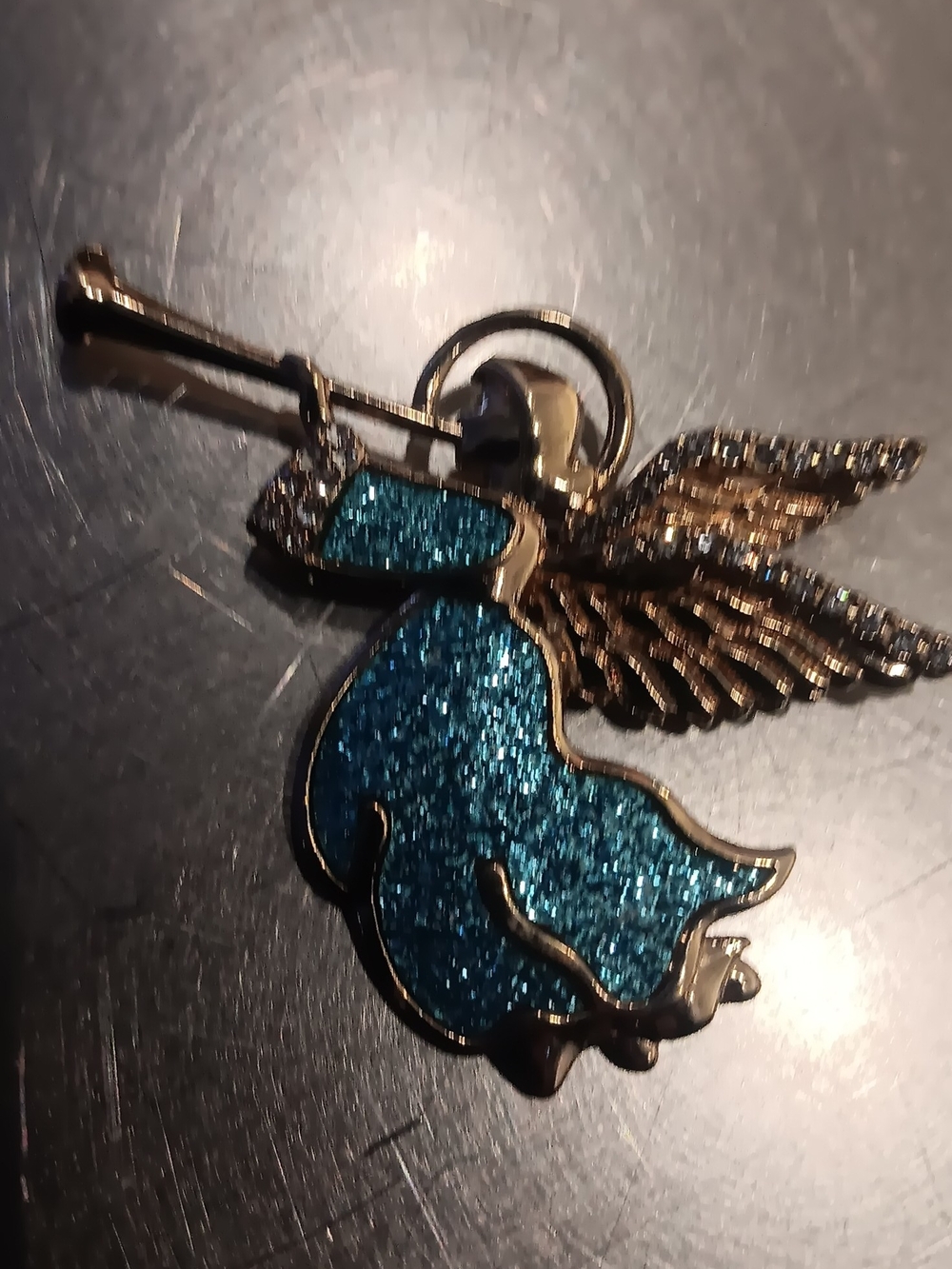 Blue Glitter Angel Wing Trumpet Charm Pendant